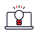Icon of a laptop with a light bulb on the screen, representing online learning or ideas.